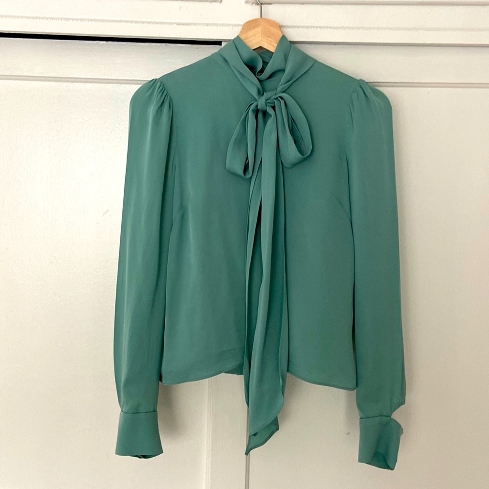 Milly Pussy Bow Mint Green Silk Blouse Small